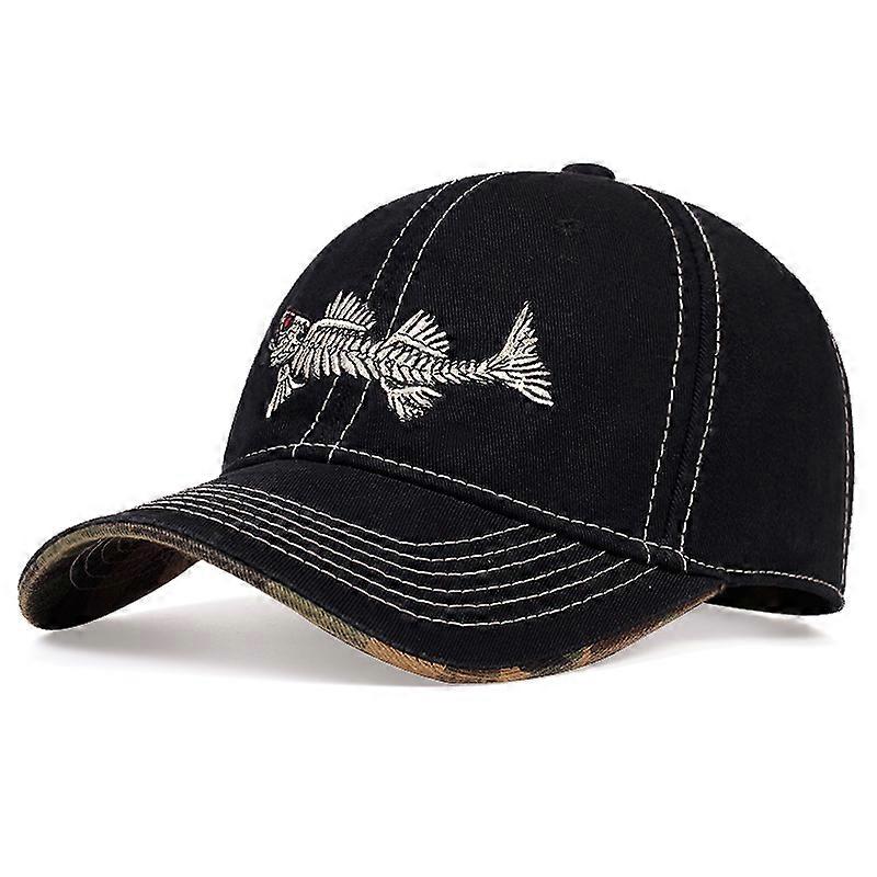Embroidery Fish Bone Baseball Cap Black Snapback Hat Cotton Sun Hat Unisex