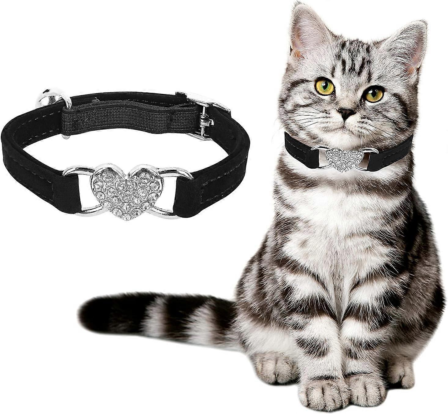 Black- Heart-Shaped Cat Collar with Seat Belt and Rhinestone Bell for Kitten and Small Dog