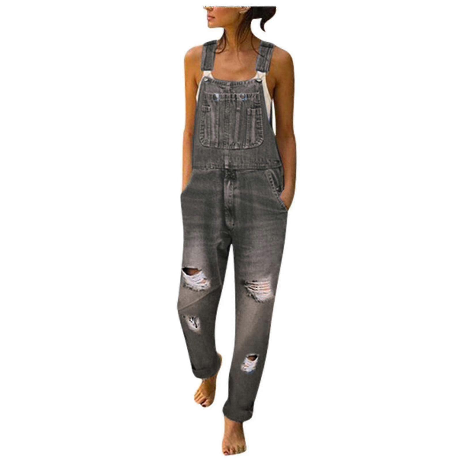 Women"s Washed Denim Bib Jeans Overalls Casual Ripped Denim Jumpsuits Rompers