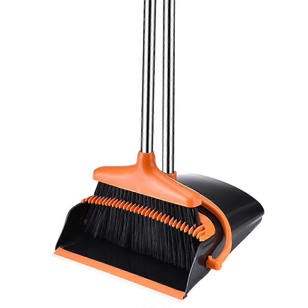8-Section Handle Broom and Dustpan Set for Home Kitchen Office - Black Orange