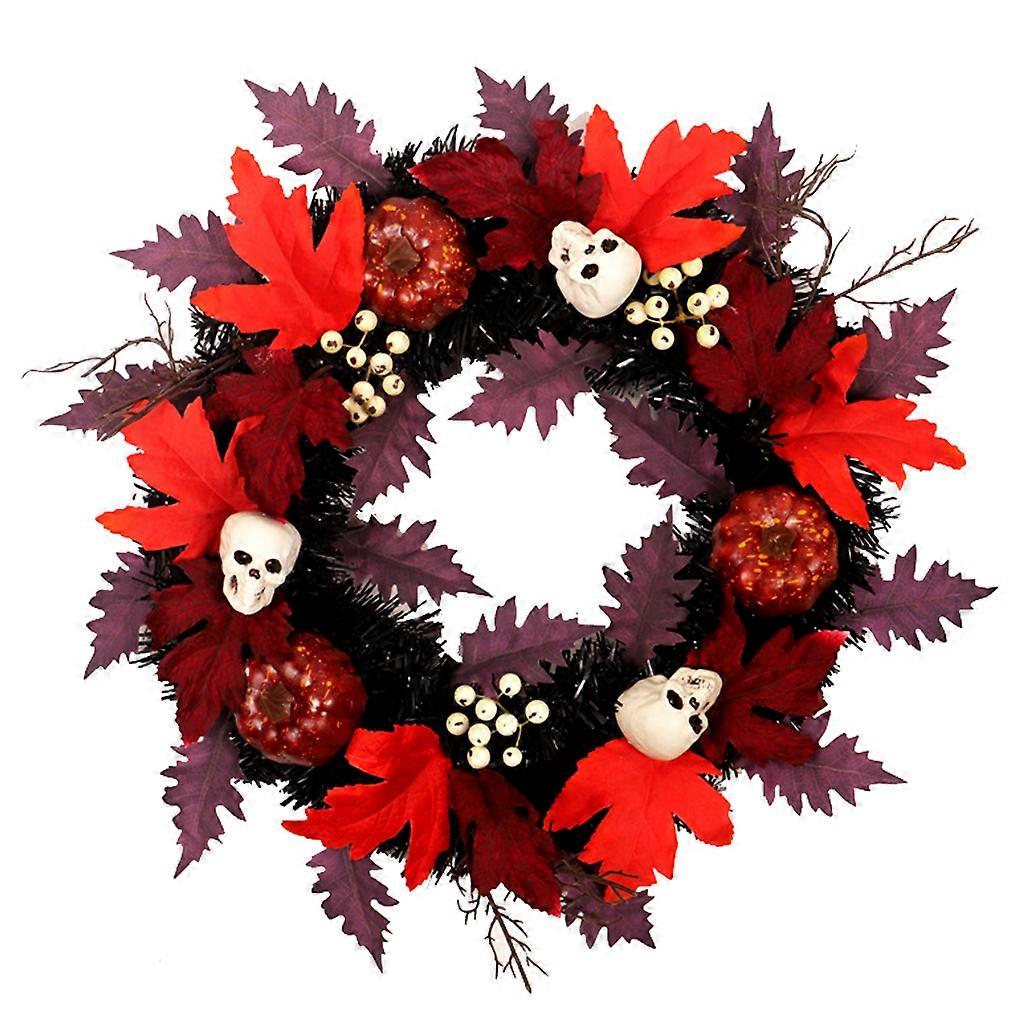 Halloween Wreath With Skull Hands & Maple Leaves – 43x43x5cm Black Orange Wreath, Front Door Decor, Skeleton Ornament