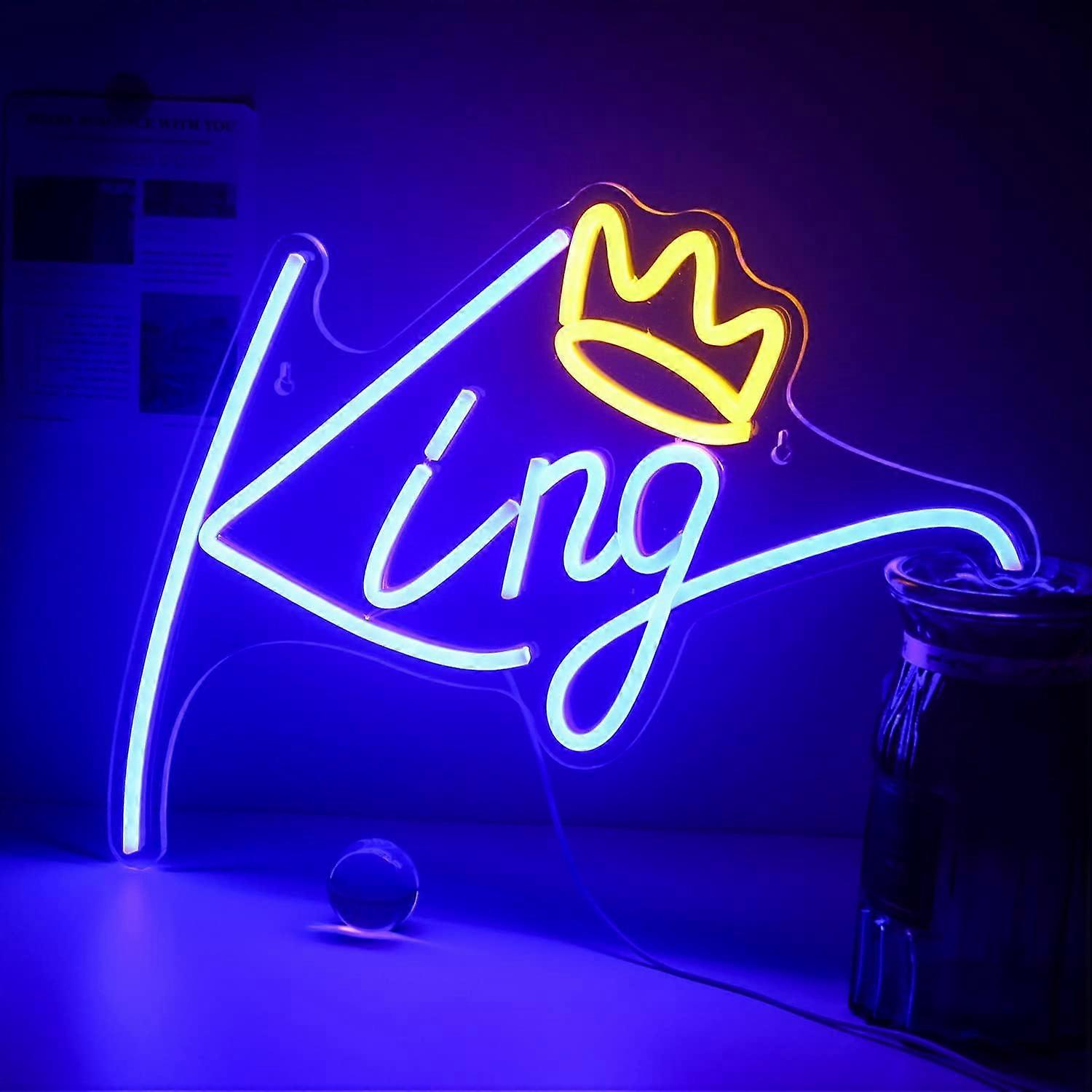 King Neon Sign, Blue LED Letters with Pink Crown, Eye-Catching Wall Decor, 16-inch Size, Indoor Use