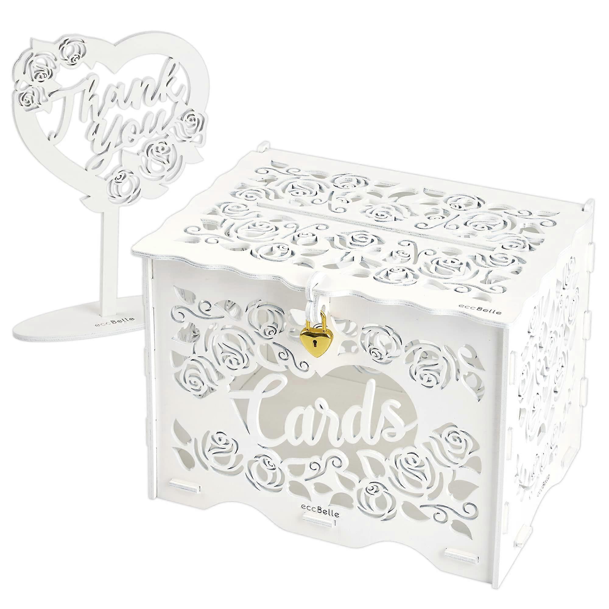 White Wooden Wedding Card Box 12 Inches for Elegant Gift Display, Rustic Decoration and Event Storage
