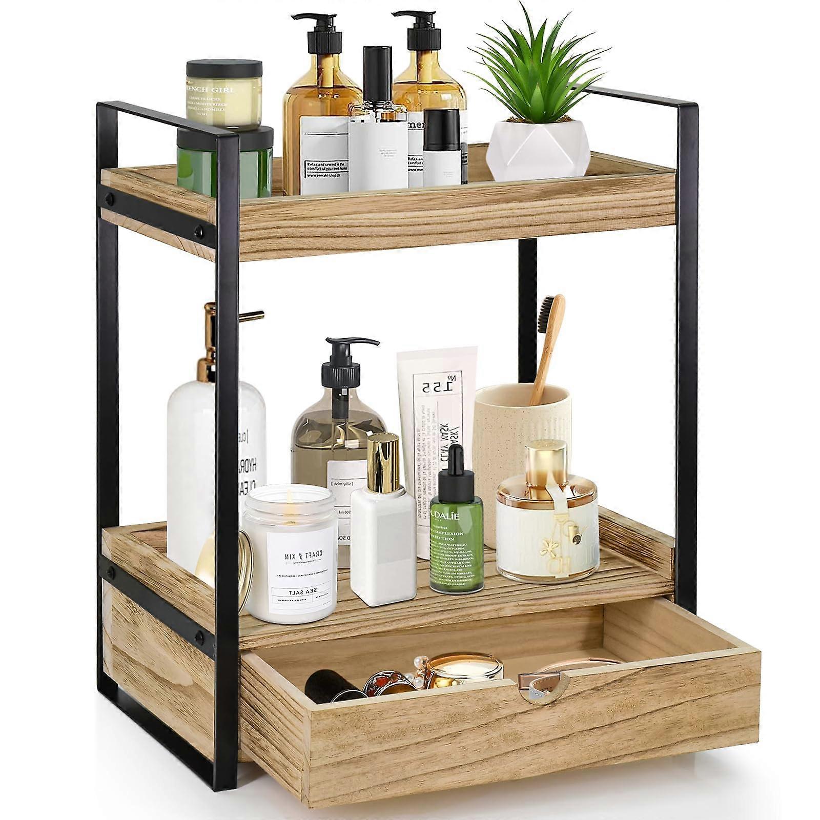 Double-layer bathroom shelf wooden drawer storage