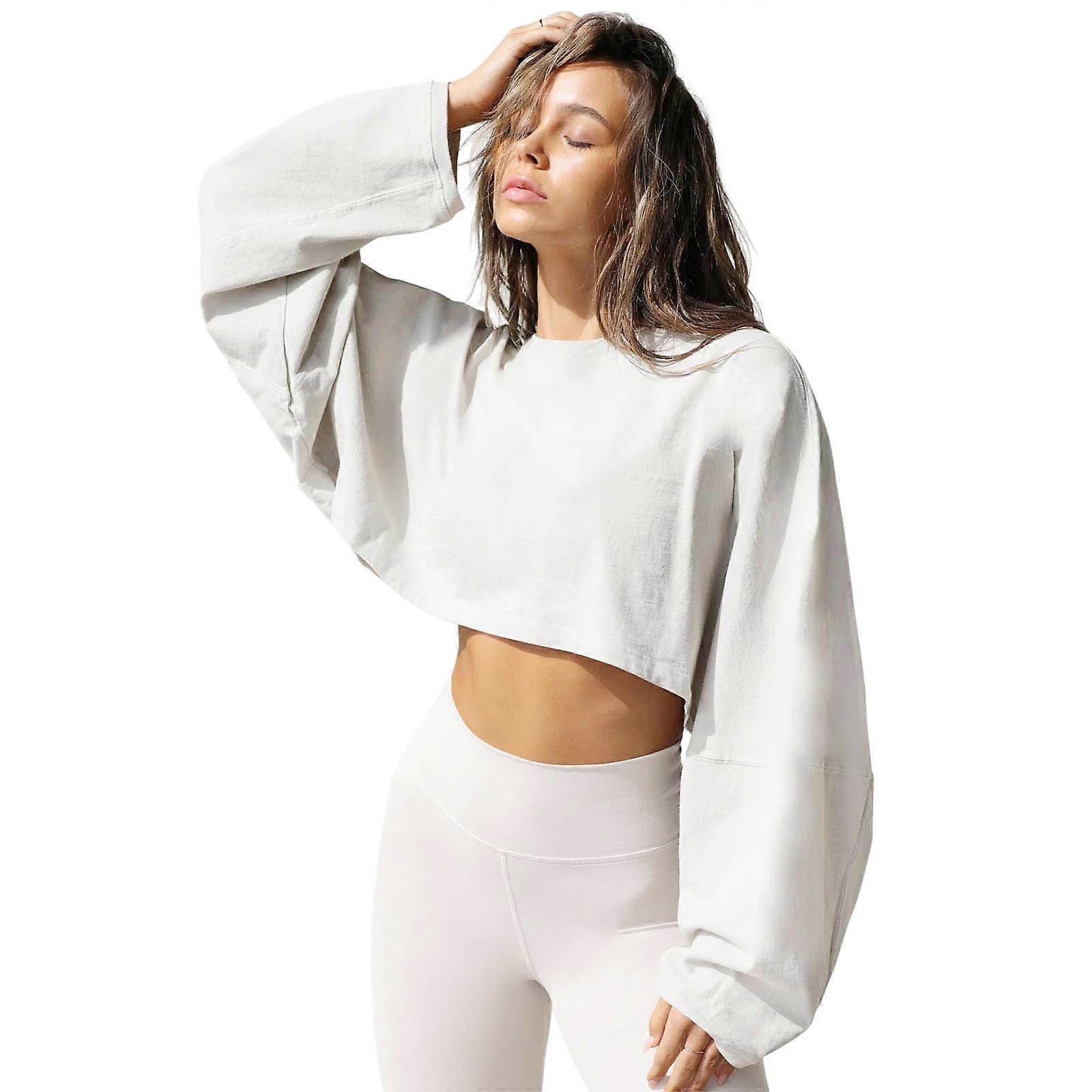 Womens Crewneck Sweatshirt, Spring Autumn Crop Tops Pullover Sweatshirt, Long Sleeve T-shirt Loose Tops  off white XL