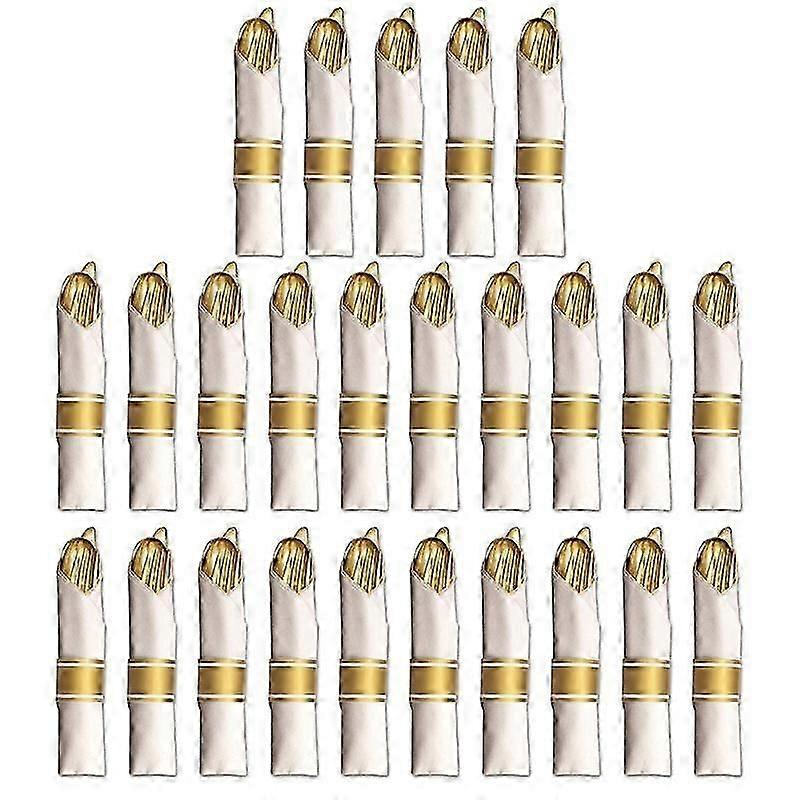 25 Pre Rolled Gold Plastic Silverware - Wrapped Disposable Silverware Set with Forks, Knives, Spoon