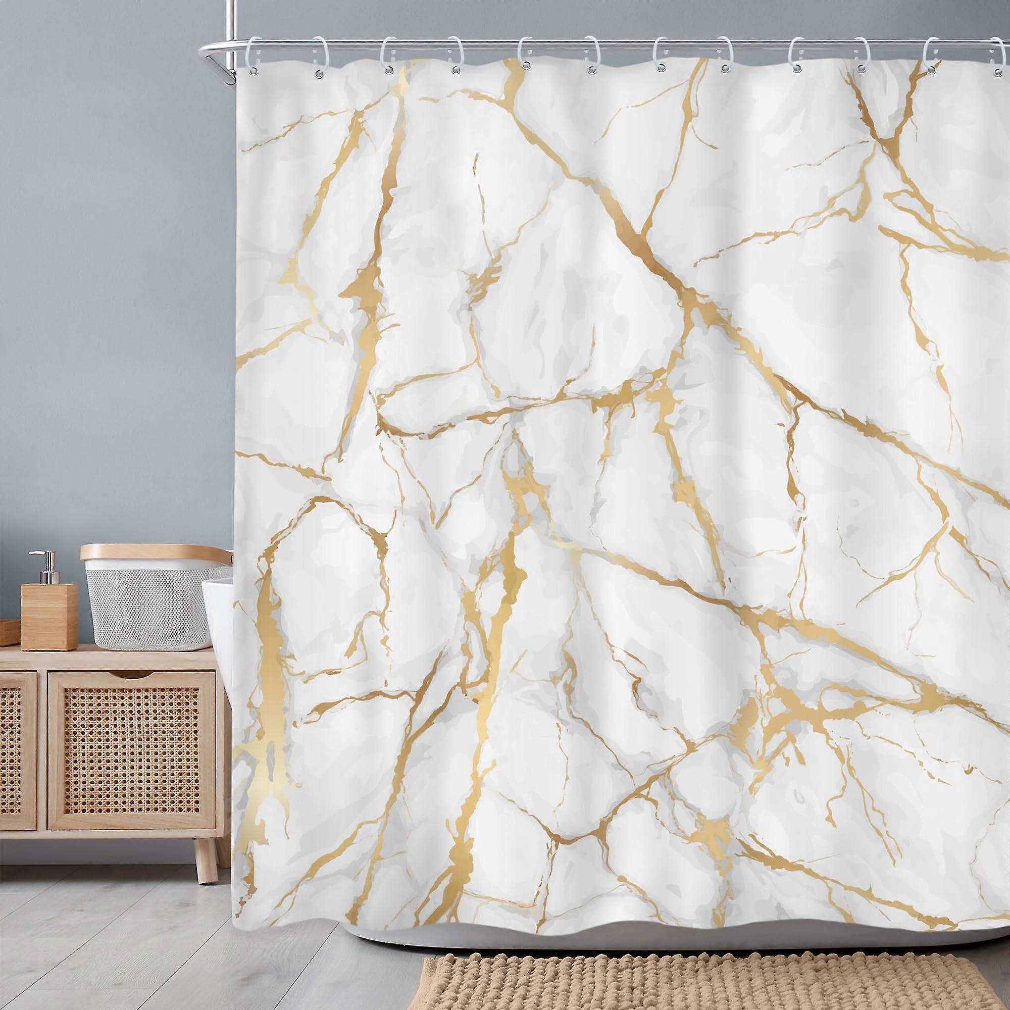White And Gold Marble Shower Curtain 60x72 | Abstract Crackle Texture Liquid Ink Geometric Pattern Waterproof