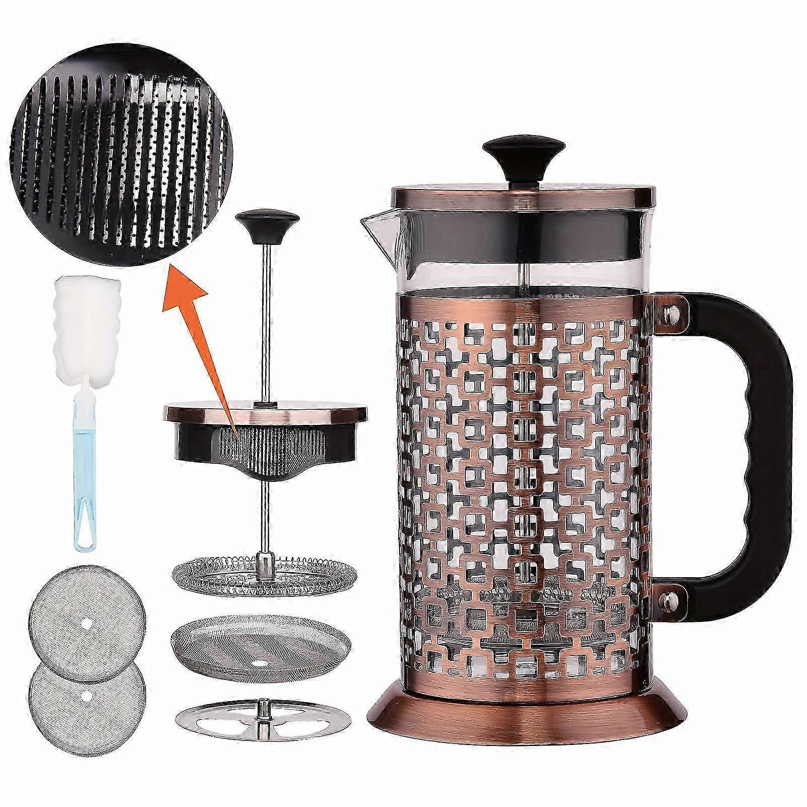 34オンスフレンチプレスメーカー-耐久性のある304ステンレス鋼、4層フィルター、耐熱ホウケイ酸ガラス、キャンプや旅行用、理想的なゴールデン