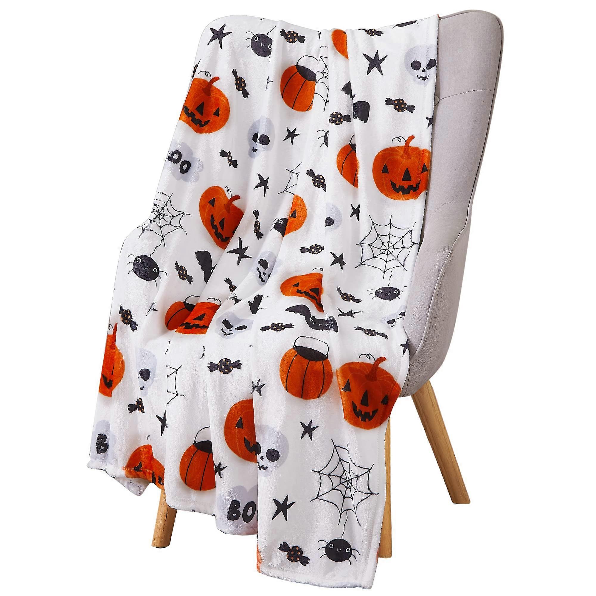 Halloween Blanket Throw Fuzzy Velvet Fleece 50x60 Inches with Jack O'Lantern Spider Webs Skulls and Black Cats Print for Sofa Bed Couch