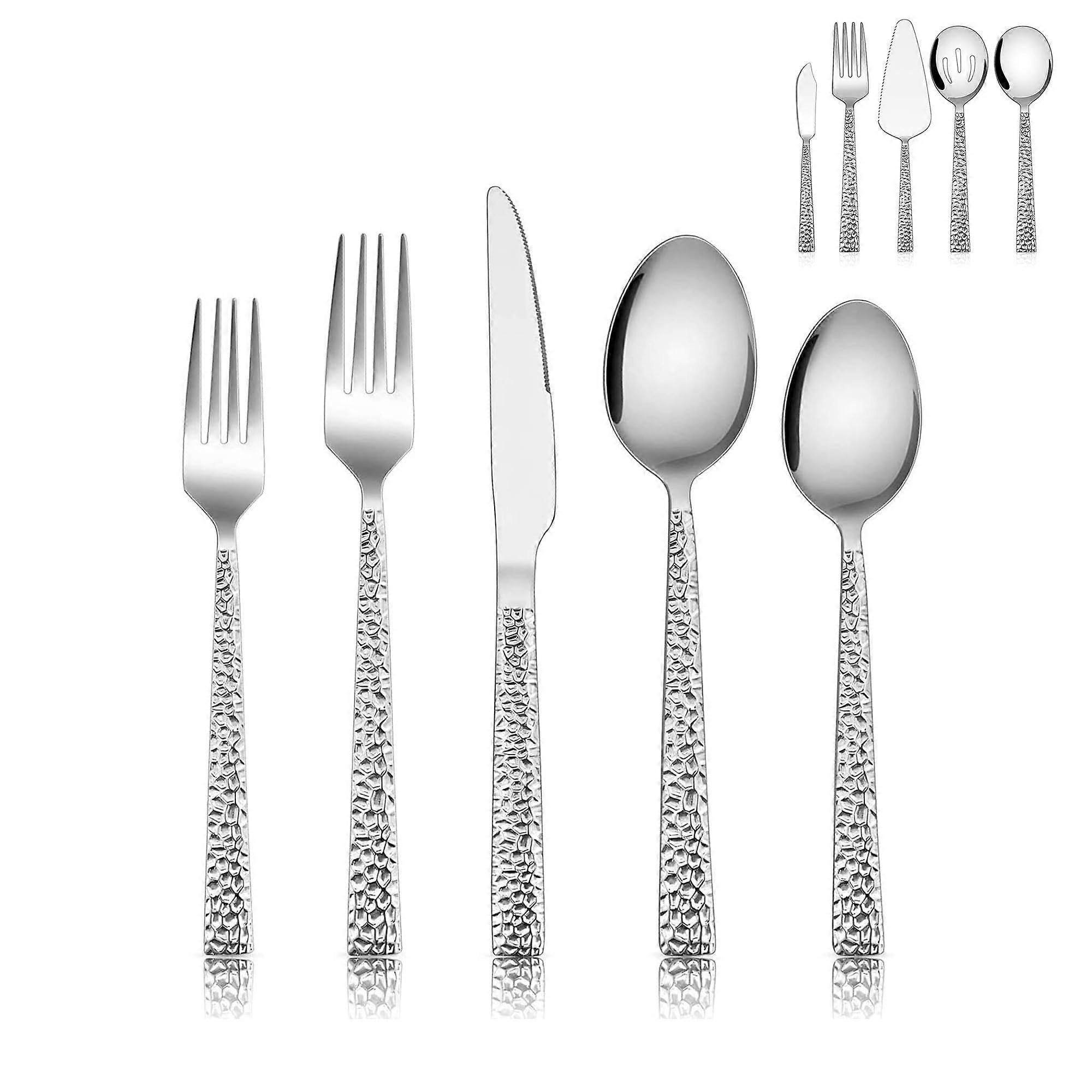 40-Piece Hammered Silver Flatware Set for 8, Stainless Steel Tableware with Dinner Forks, Spoons, and Knives