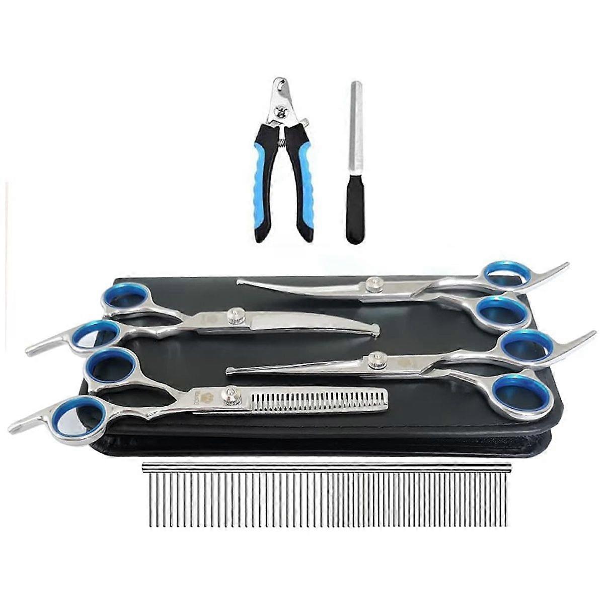 Dog Grooming Scissors Set, Safety Round and Blunt Tip Grooming Tools, Professional Curved Scissors, Thinning Scissors and Straight Scissors Set with C