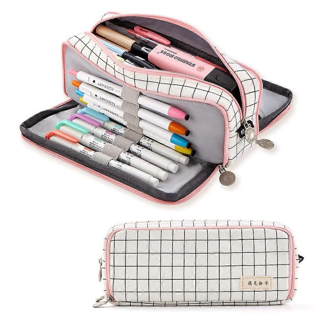 Large Pencil Box 3-Part Canvas, Large Capacity, For School, Pink Stripe Black Grid, Boys And Girls