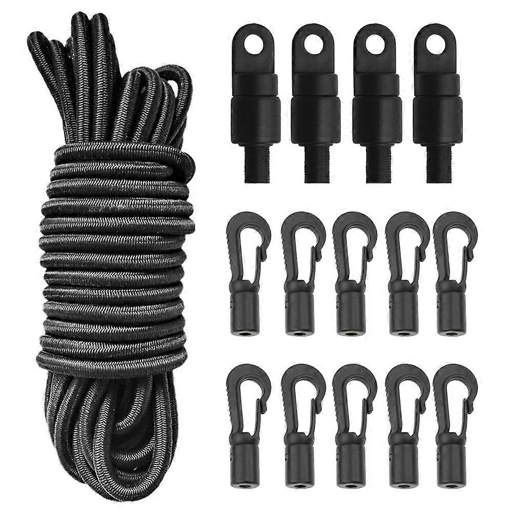 6 Mm 5 M Black Bungee Cord Set + 4 Piece Shock Cable End Stop And 10 Piece End
