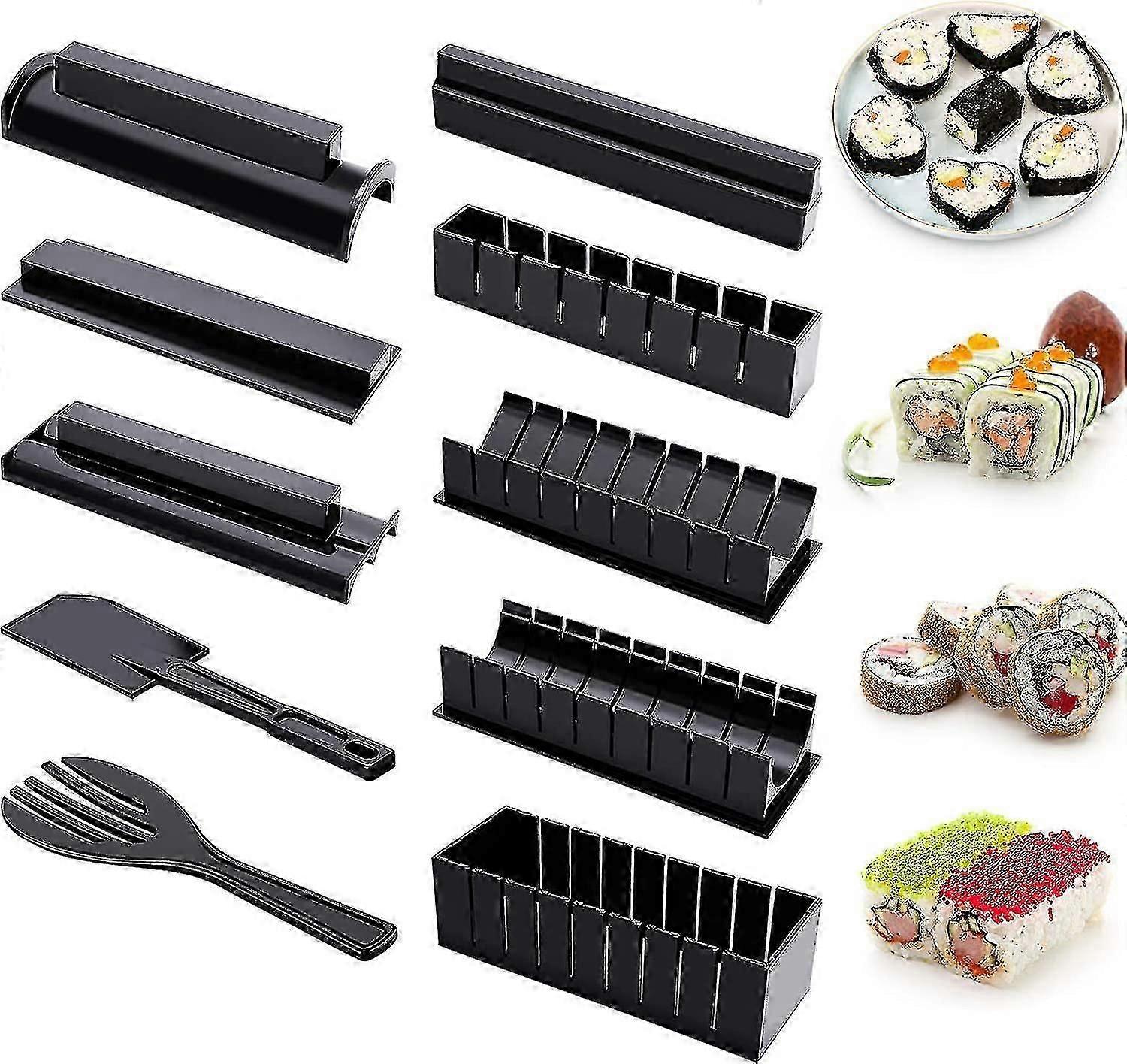 Sushi Making Kit For Beginners 10 Pieces Plastic Sushi Maker Tool Complete With 8 Sushi Rice Roll Mold Molds Fork Spatula Diy Home Sushi Tool
