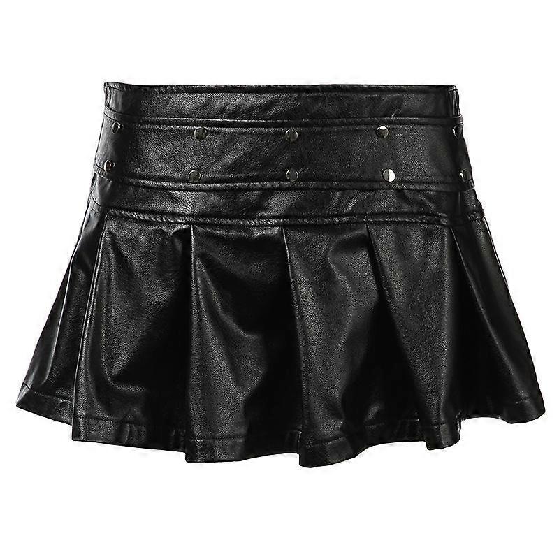 Women's Personality Spice Girl Punk Style Studded Belt Design Low Waist Zip Leather Half Pleated Skirt