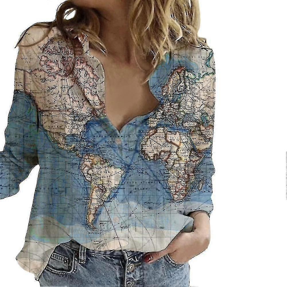 Mapa świata Drukuj koszulę Damska bluzka z długim rękawem Lato codzienne topy przyczynowe Jednorzędowy kołnierzyk z podkręcaniem Wzór geograficzny