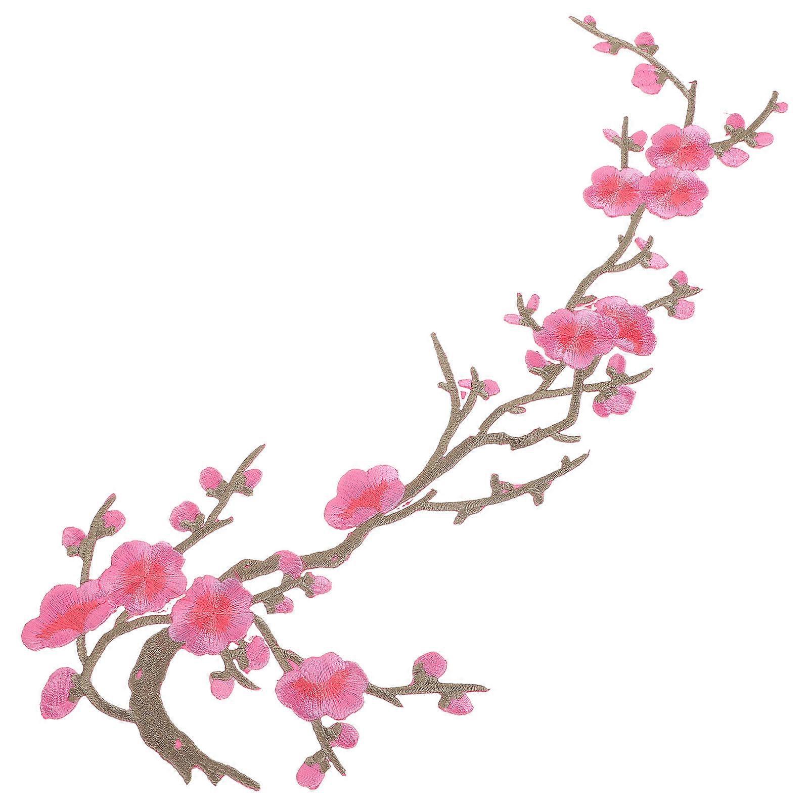 Embroidered Flowers Applique Plum Blossom Patch Fabric Sticker Women Artists Pink 35cm x 14cm x 0.1cm Embroidery 1Set