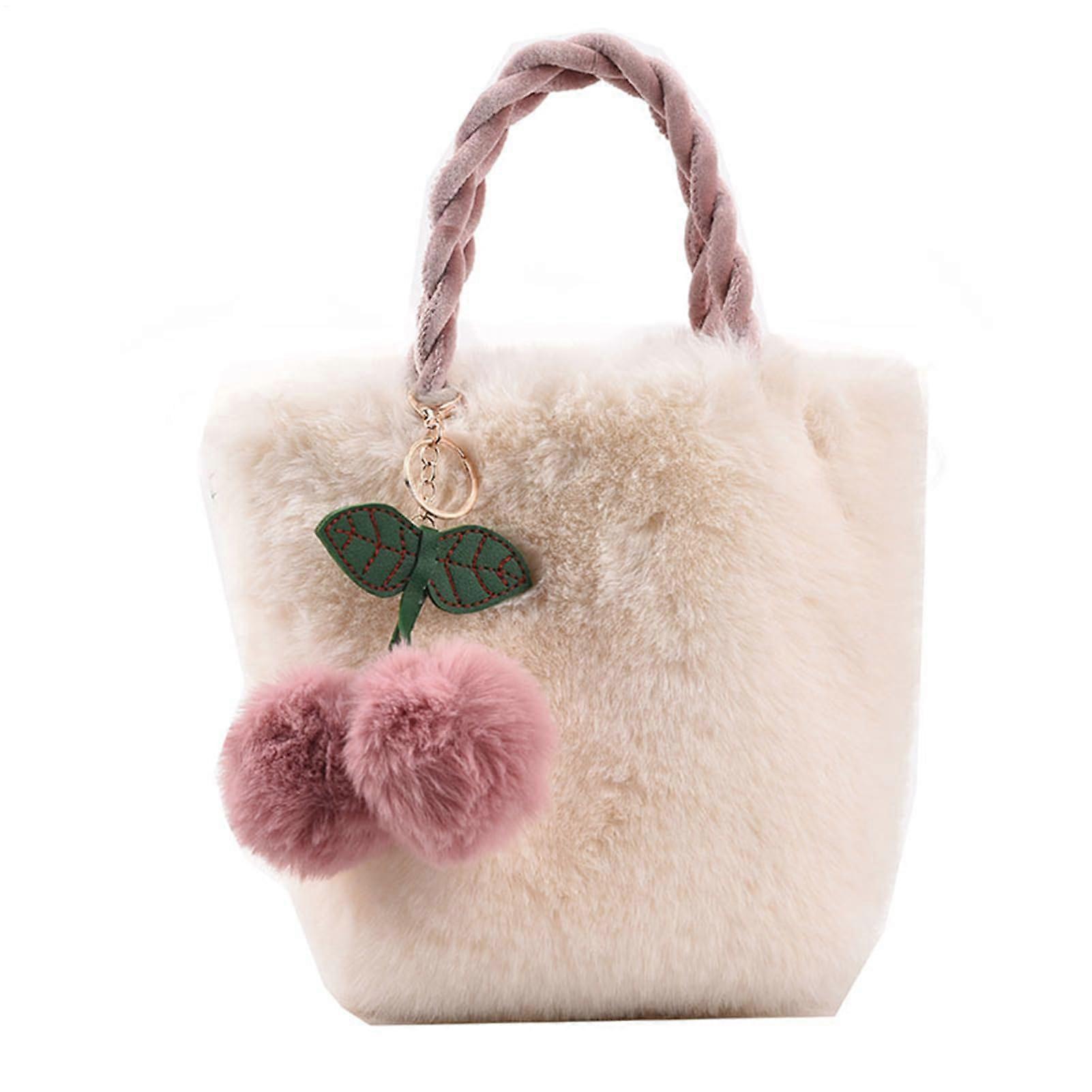 White Plush Handbag - Fuzzy Cherry Shoulder Purse, Soft Faux Fur Crossbody Tote, Cozy Winter Travel Bag with Pom Pom Detail