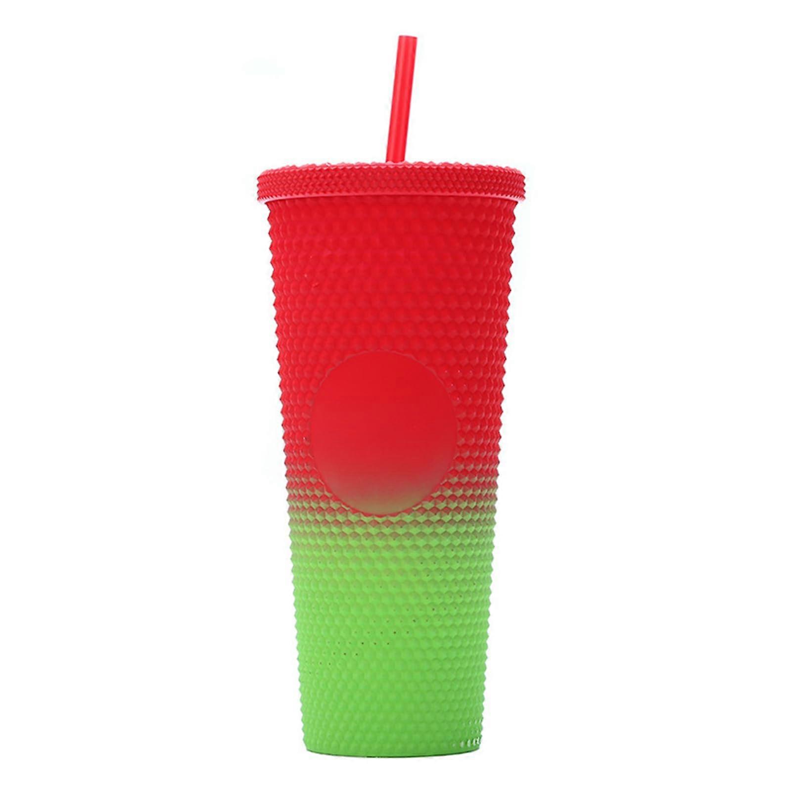 Plastic Cup with Lid and Straws, 710ml Double-Walled Reusable Drinking Cup, Gradient Red and Green for Office and Outdoor Use