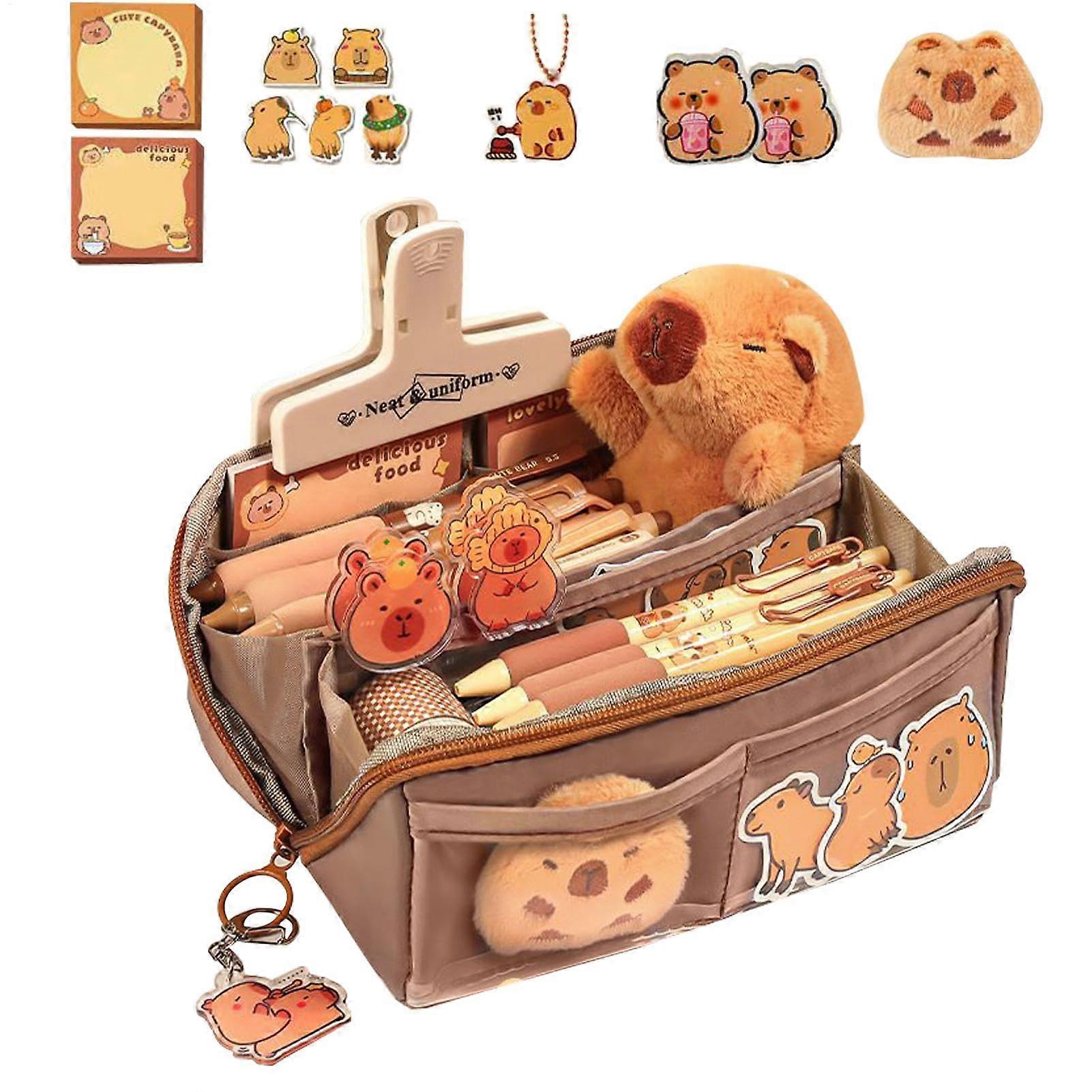 Capybara Pencil Case with Large Capacity, Multi-layer Design, Brown Color, Includes Notes, Stickers, Key Ring, Clip