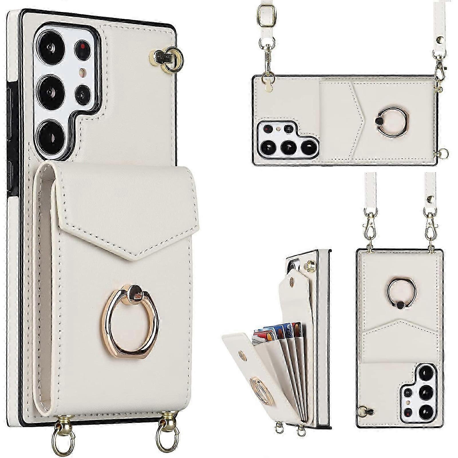 for Samsung Galaxy S24 Minimalist Wallet Case with Ring Kickstand and Shoulder Strap, Shockproof Stylish Protective Cover for Samsung Galaxy S24