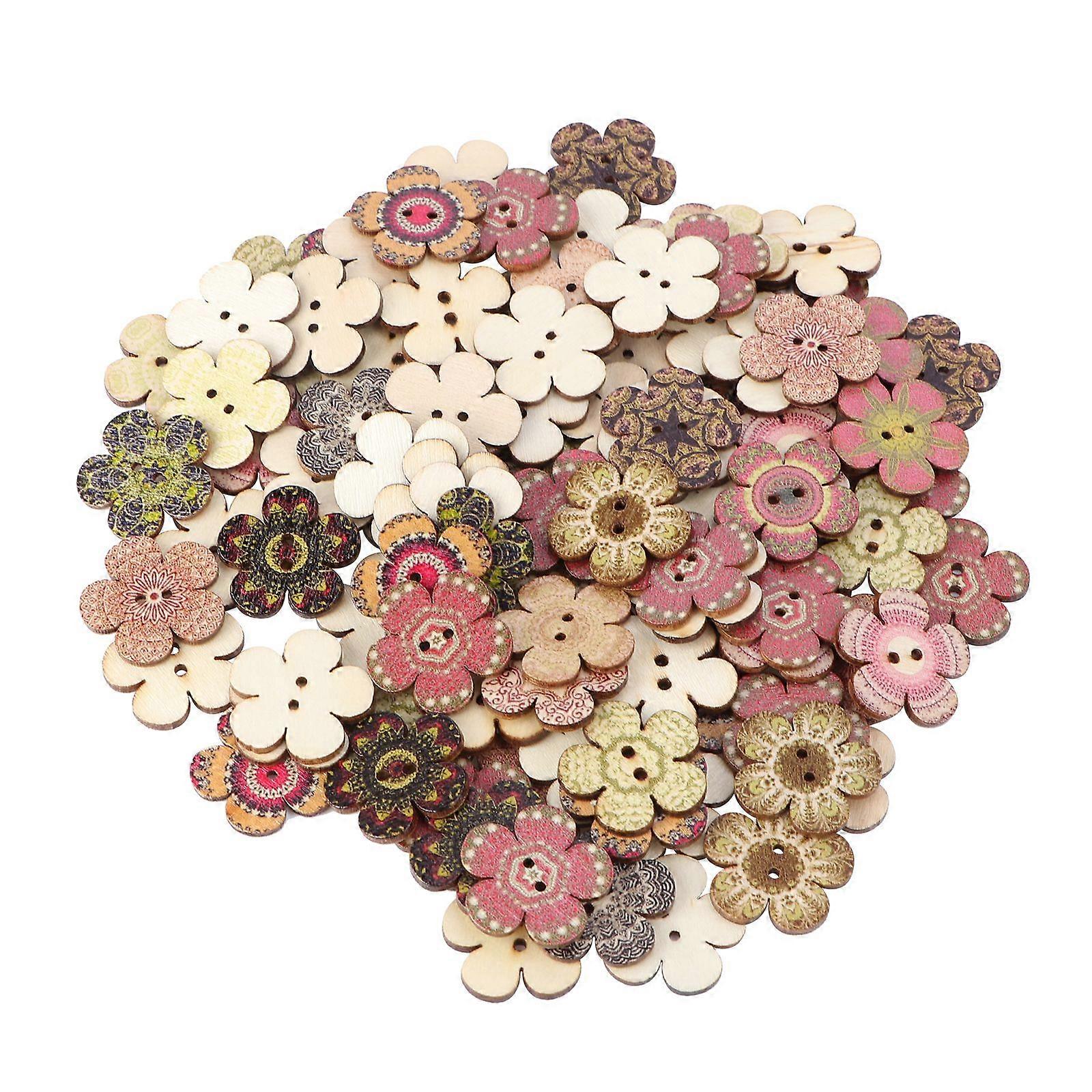 100pcs Wooden Clothes Button DIY Flower Shaped Buttons Colored Drawing Button