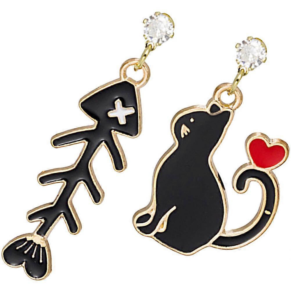 Asymmetrical Cat and Fishbone Earrings for Women Dangling Alloy Multi Color 1 Pair