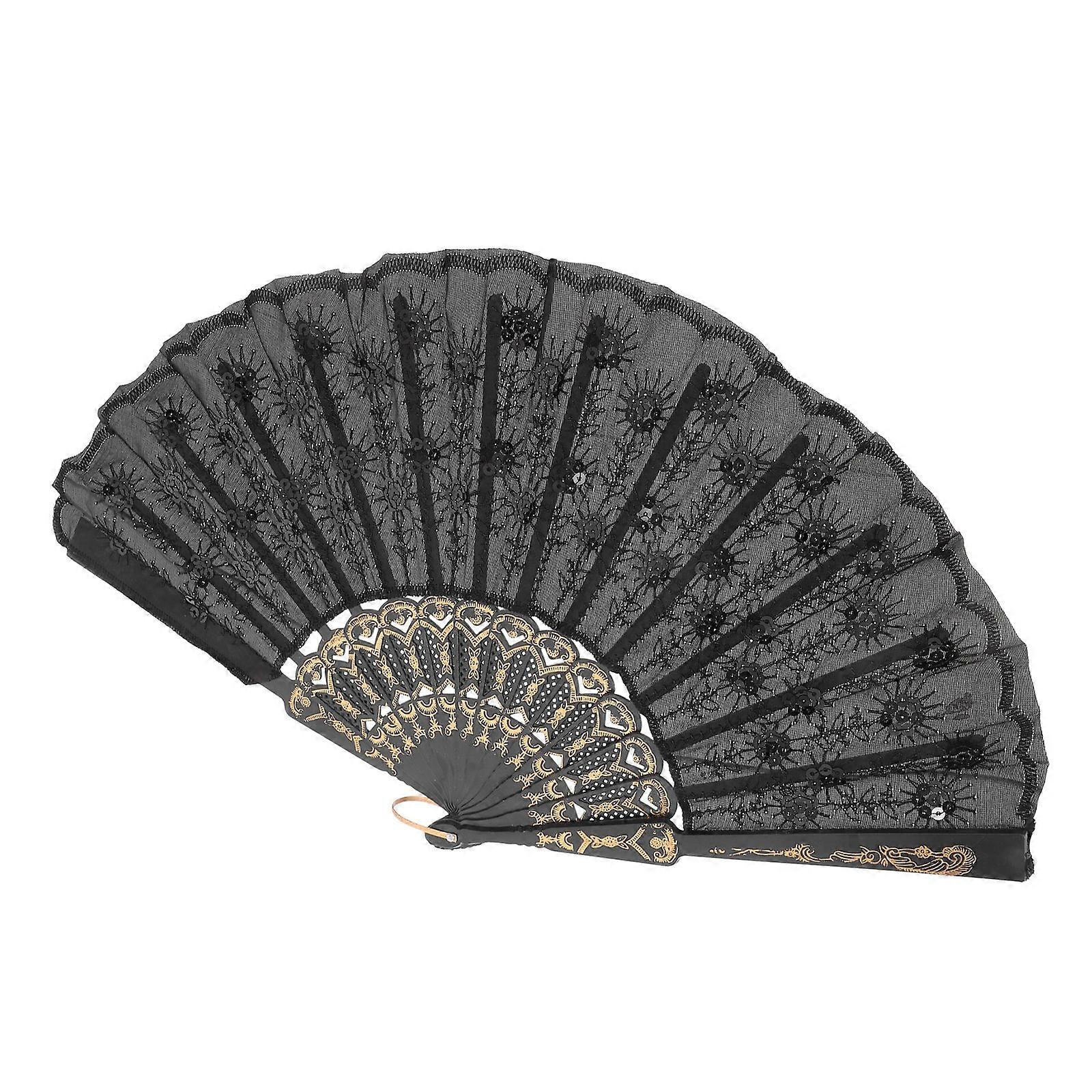 Black Embroidered Sequin Hand Fan for Decoration with Comfortable Handle Ideal for Weddings and Tea Parties 9 Inches