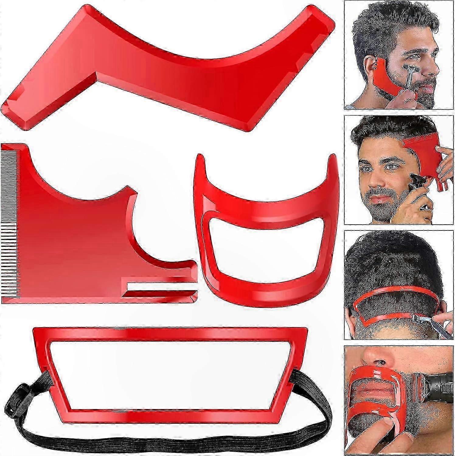 Beard Styling Kit for Men - 4pc Haircut and Trimming Tool Set with Neckline Shaving Guide Template for Grooming and Shaping Facial Hair