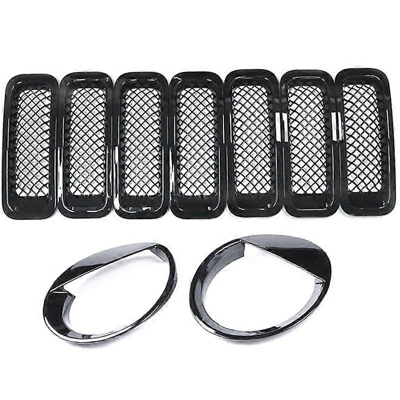 9Pcs Front Grille Grill Mesh Grille Insert Kit + Style Headlight Lamp Cover for Patriot 2011-2016