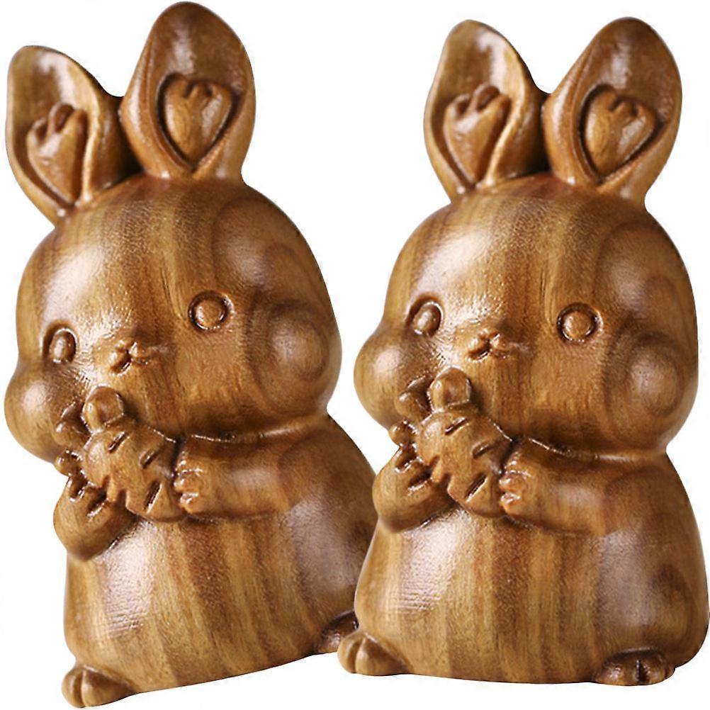 Wood Crafted Rabbit Decor for Home 2Pcs Delicate Bunny Statue Ornament