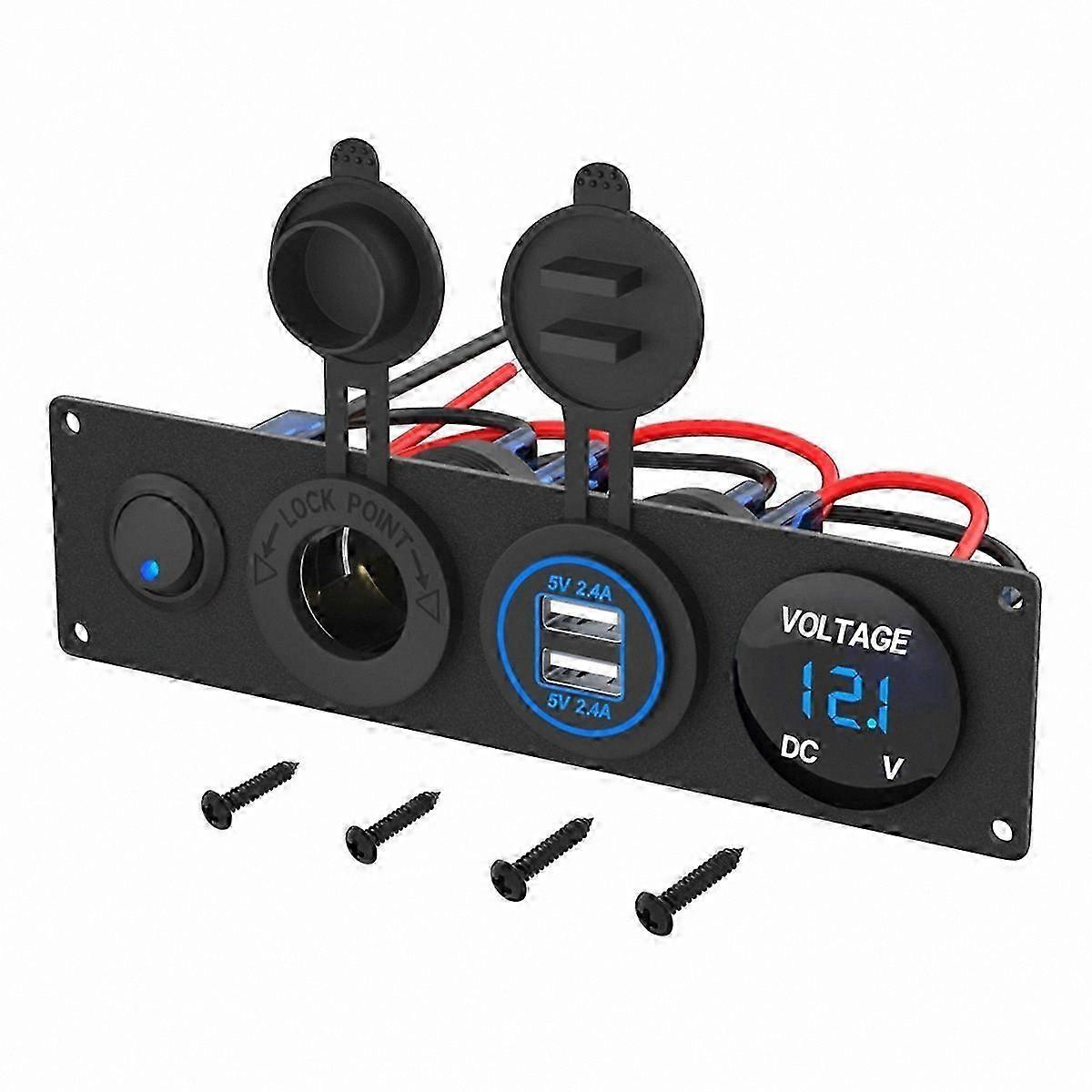 4-in-1 12V USB Panel with LED Voltmeter, Dual USB Charger, Power Socket, and Cigarette Lighter Toggle Switch