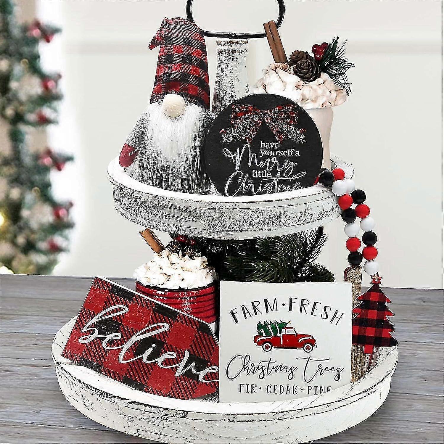 Christmas Decor - Indoor Christmas Decor - Believe Merry Christmas Wooden Sign and Buffalo Plaid Gnome Plush Set
