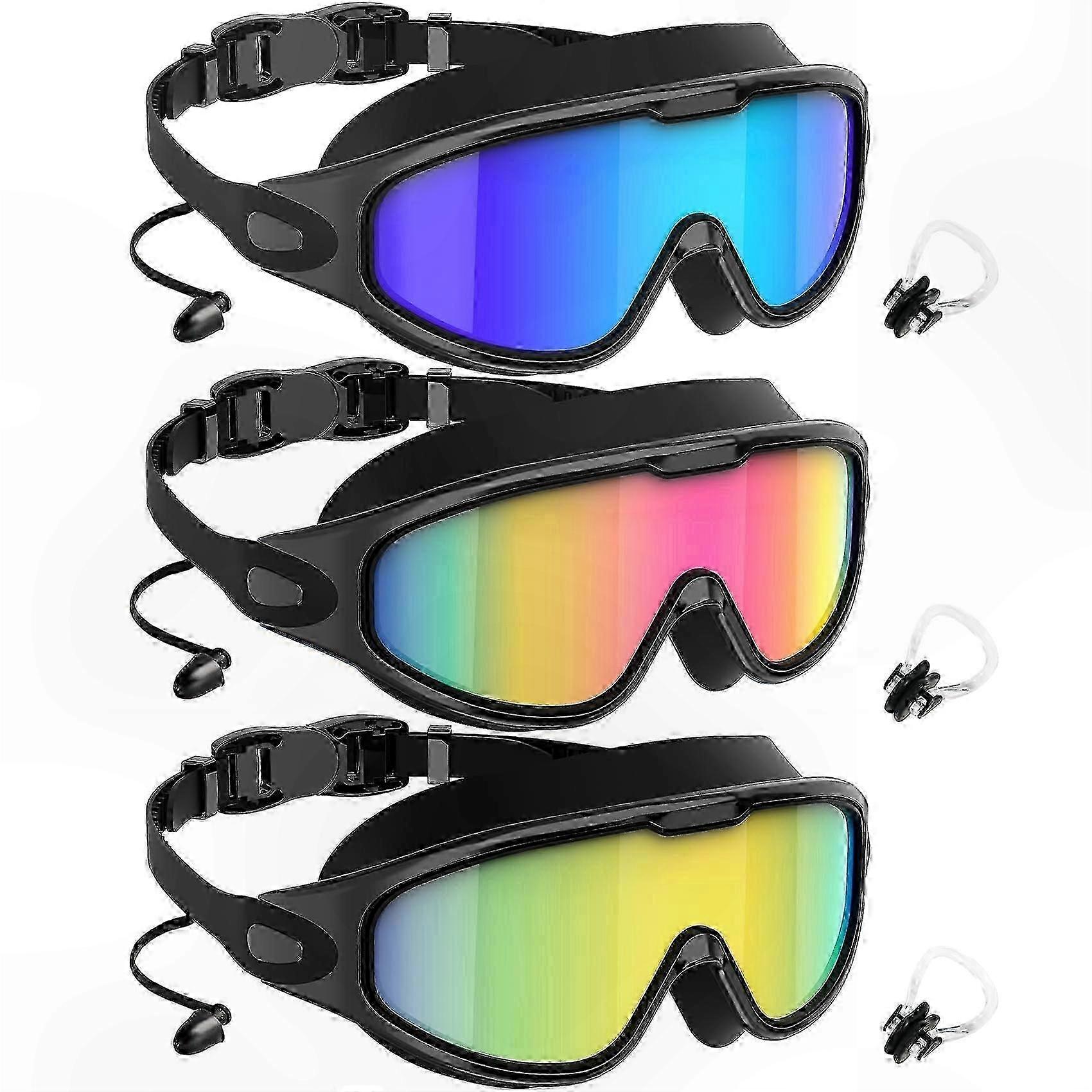 Wide View Anti-Fog Swim Goggles with UV400 Protection for Adults - 3 Pack