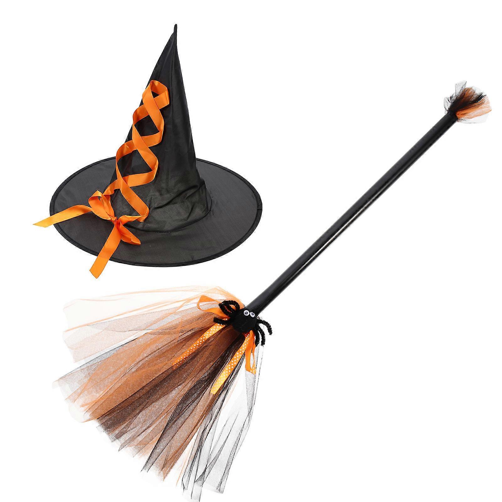 Witch Hat Broom Kit for Halloween Party Use 2Sets Orange Cosplay Props