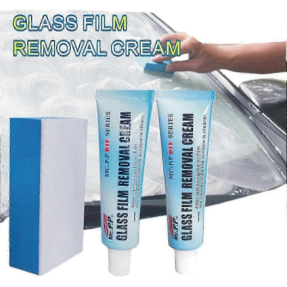 2pcs קרם להסרת סרט זכוכית, מנקה סרט שמן זכוכית לרכב, קרם להסרת סרט שמן שמשה לרכב עם ספוג