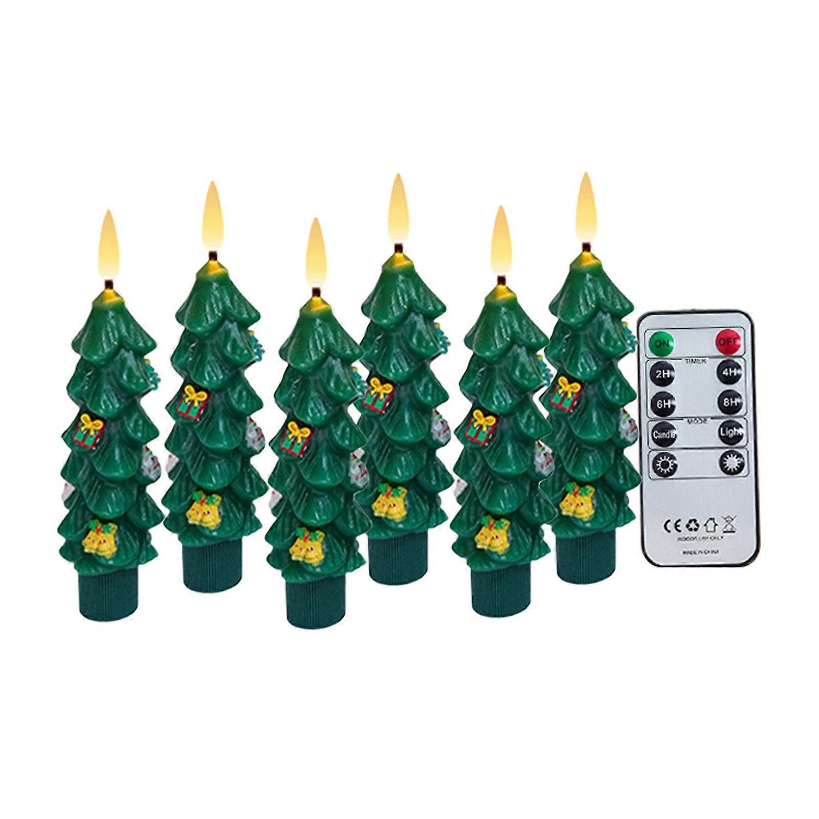 6 Pcs LED Flameless Tree Taper Candles with Remote 5.12" Real Wax Flickering Candles with 3D Flame Wick Battery Operated Candlesticks for Holiday Deco