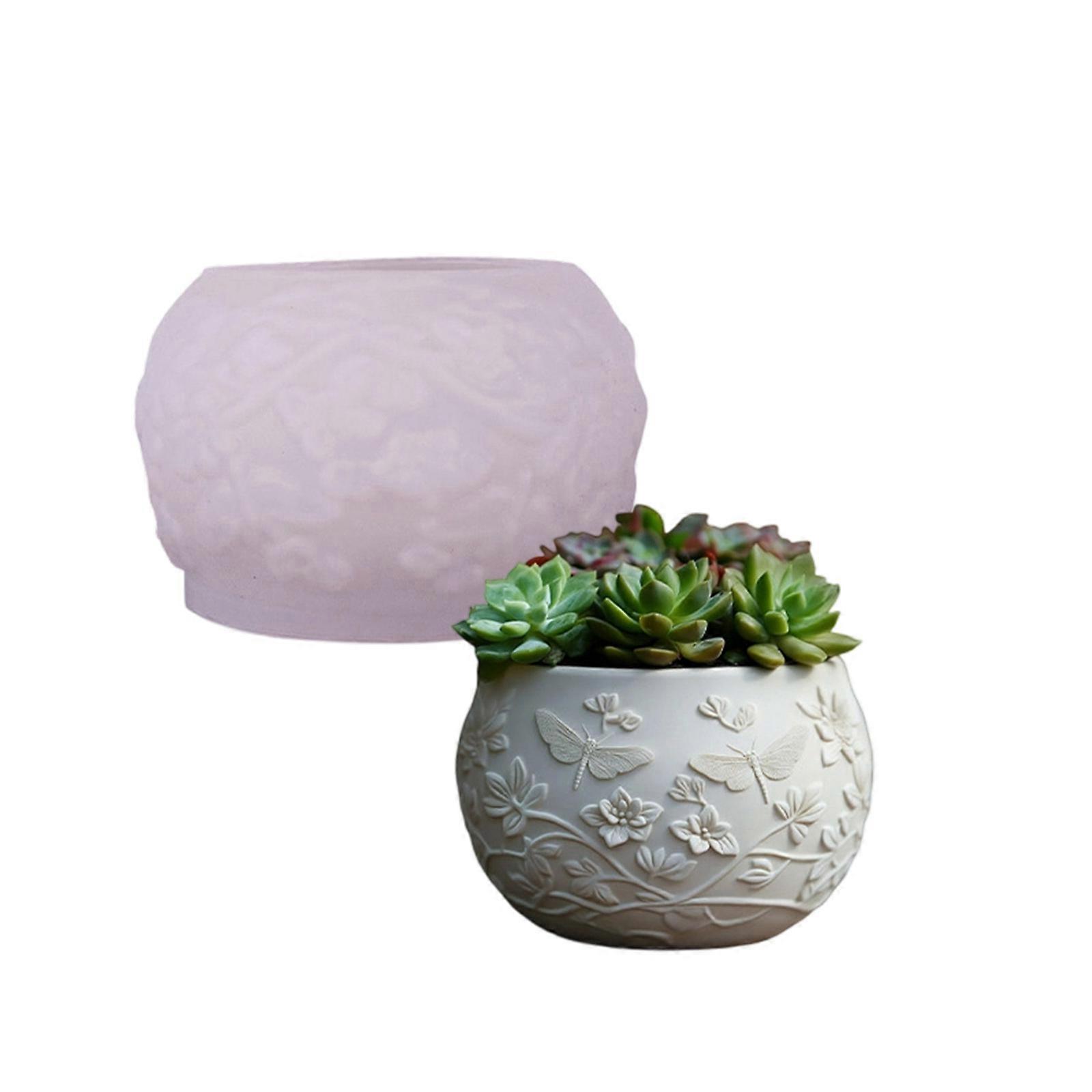 Flexible Reusable Flowerpot Mold with Detailed Dragonflies Design Silicone Texture for Resin Concrete Cement Crafting Multicolor