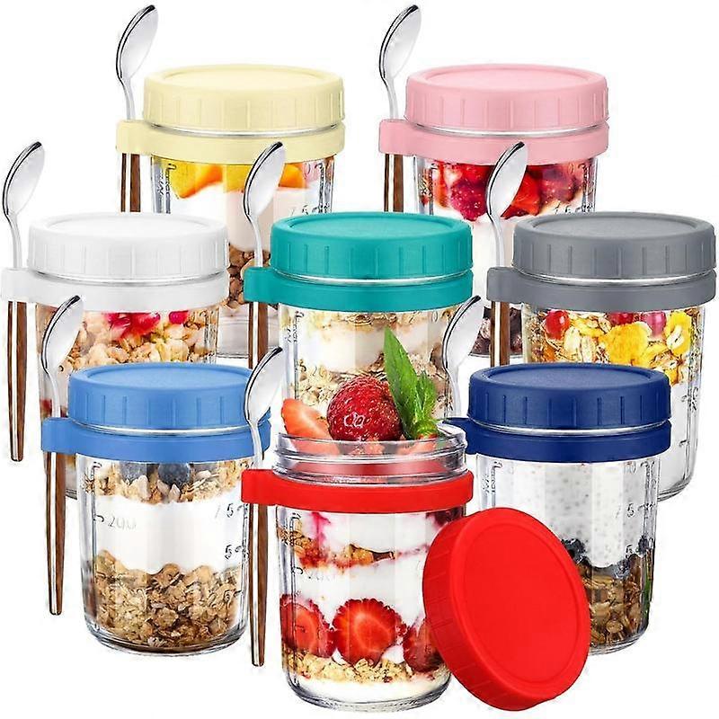 8 Sets 16 oz Overnight Oats Containers with  and Spoons Summer Large Glass Mason Jars for Overnight Oats with Measurement Marks Oatmeal Cont