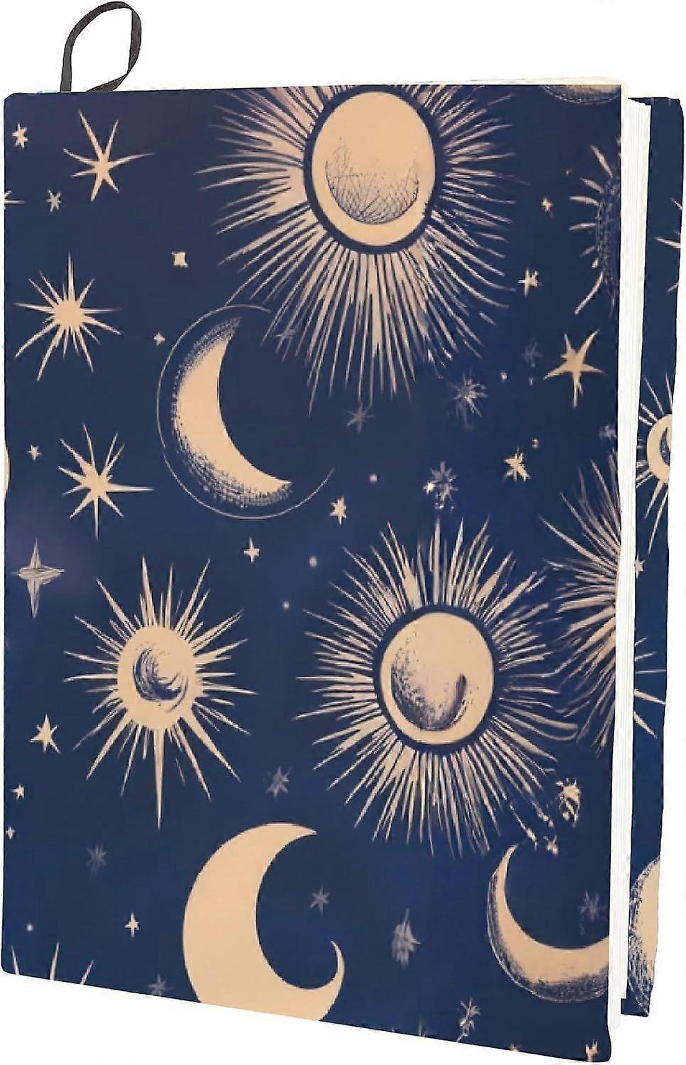 Sun Stretchable Book Cover Moon Stars Black Washable Reusable Large Nylon Book Protector Elastic Notebook Wraps Suitable for Hardcover Books Classroom