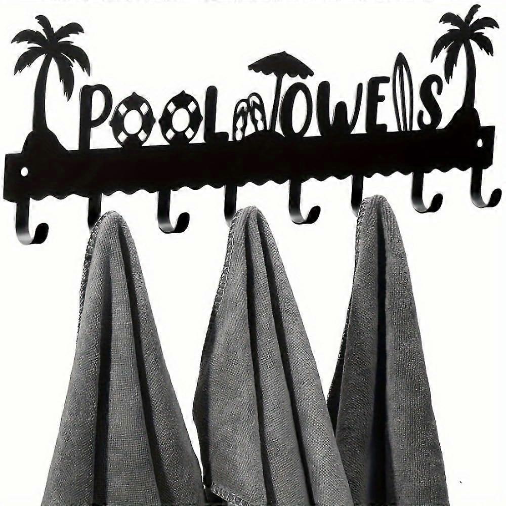 Beach Towel Rack Wall Mount with 8 Hooks, Black Iron Palm Tree Design for Bathroom or Pool Storage
