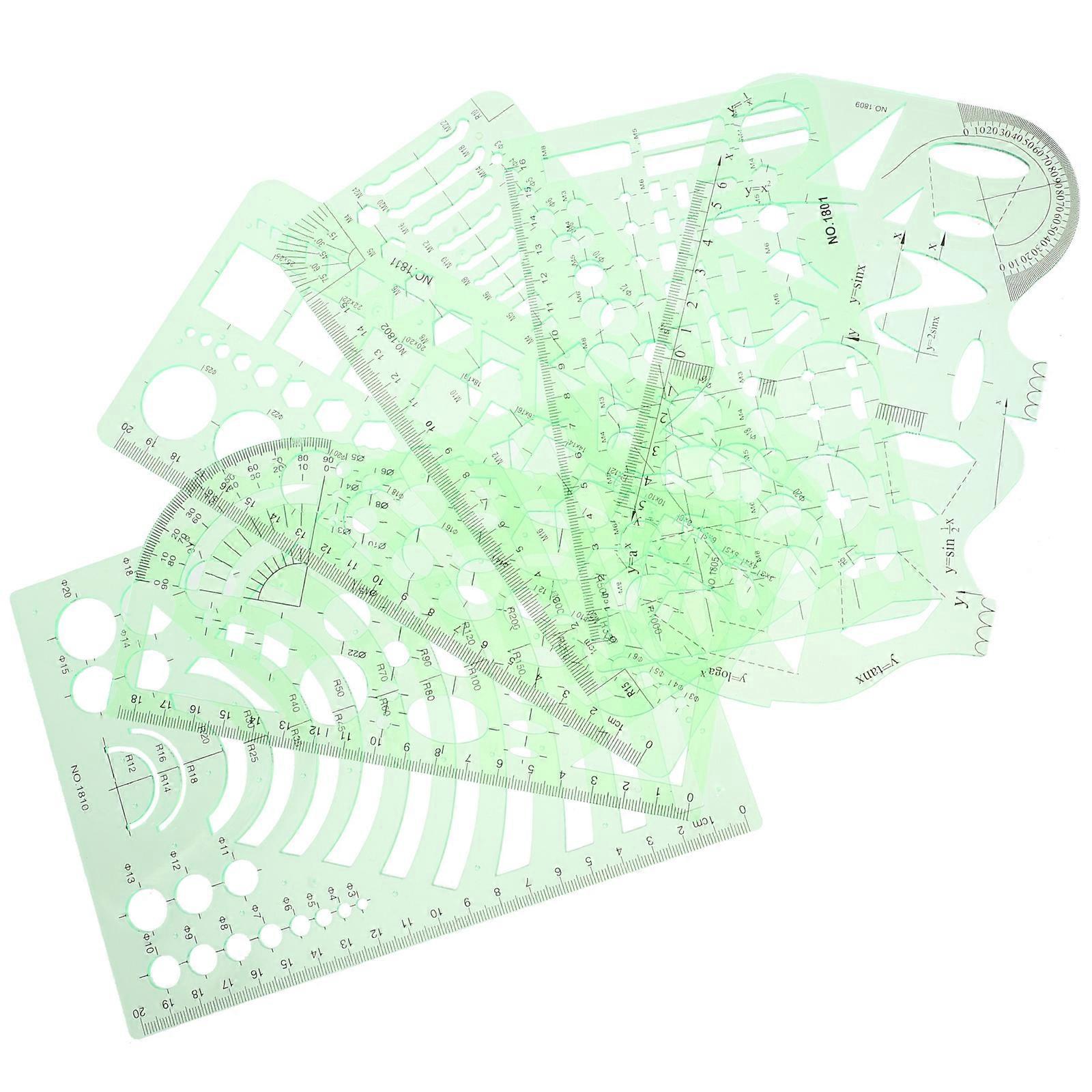 Geometric Drawing Template Set 6 Plastic Rulers for Daily Use in Green with Various Shapes