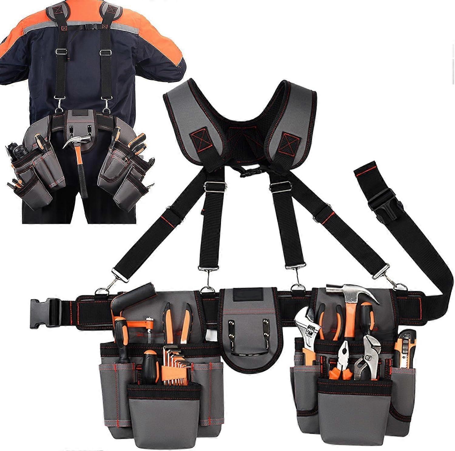 Heavy Duty Tool Belt with Suspenders, Adjustable MultiPocket Magnetic Pouch for Construction Workers