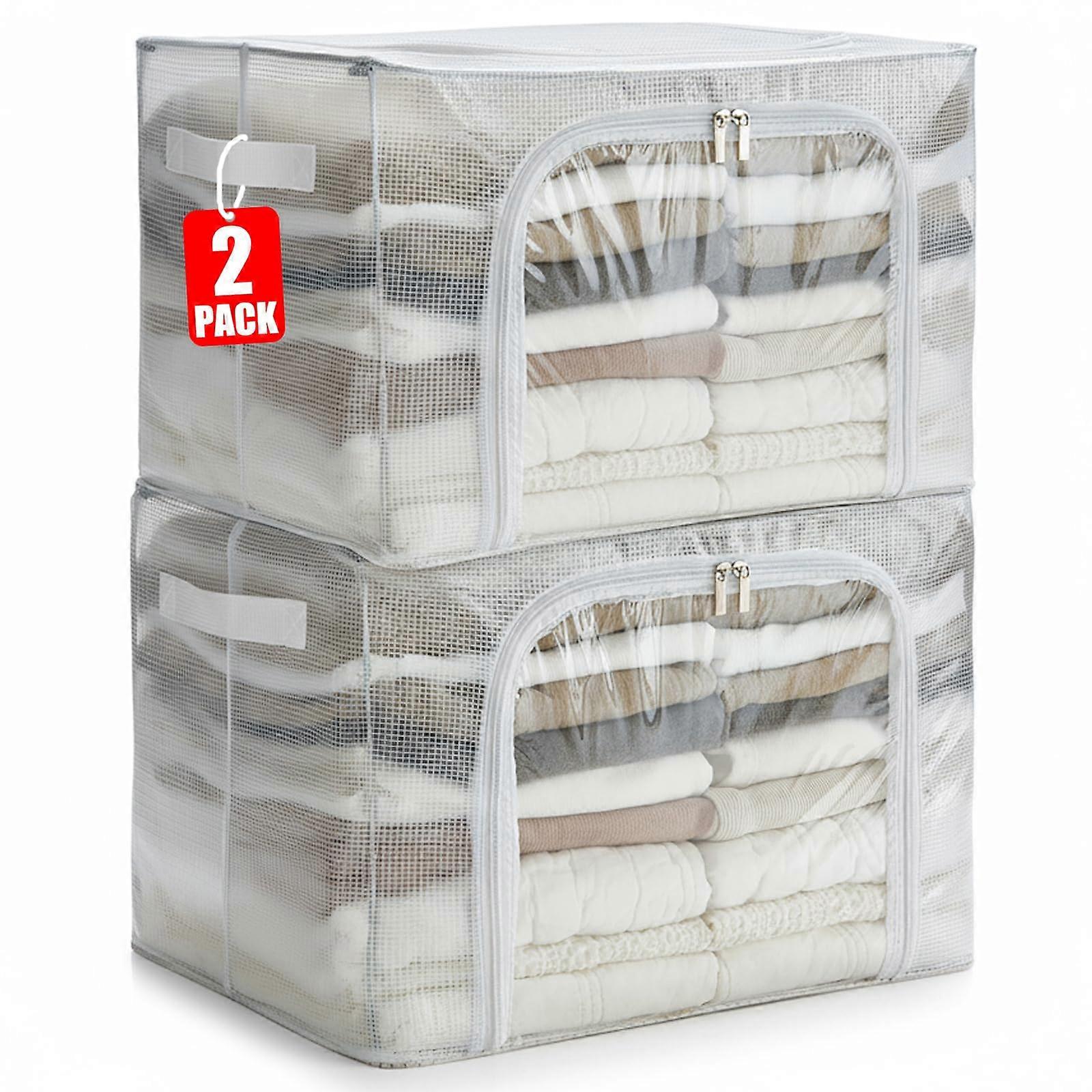 Clear Clothes Storage Bins 2 Pack with Lids, Stackable Foldable Metal Frame, Dual Zipper Closet Organizer