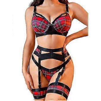 Garter Lingerie For Women,sexy Lace Lingerie,sheer Matching 4 Piece Lingerie Set Red Plaid _aa