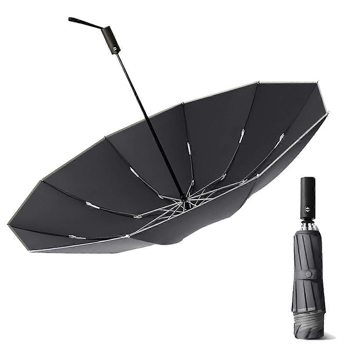 Windproof Inverted Travel Umbrella with Auto Open Close, Reflective Stripe, UV Protection, Gray