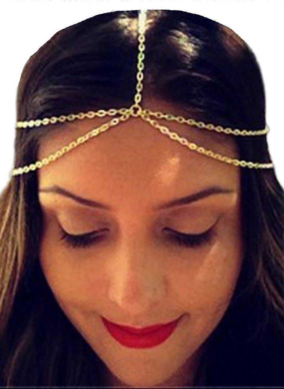 Bridal Headpiece Gold Crystal Tassel Boho Headchain Adjustable Rhinestone Forehead Accessory for Wedding