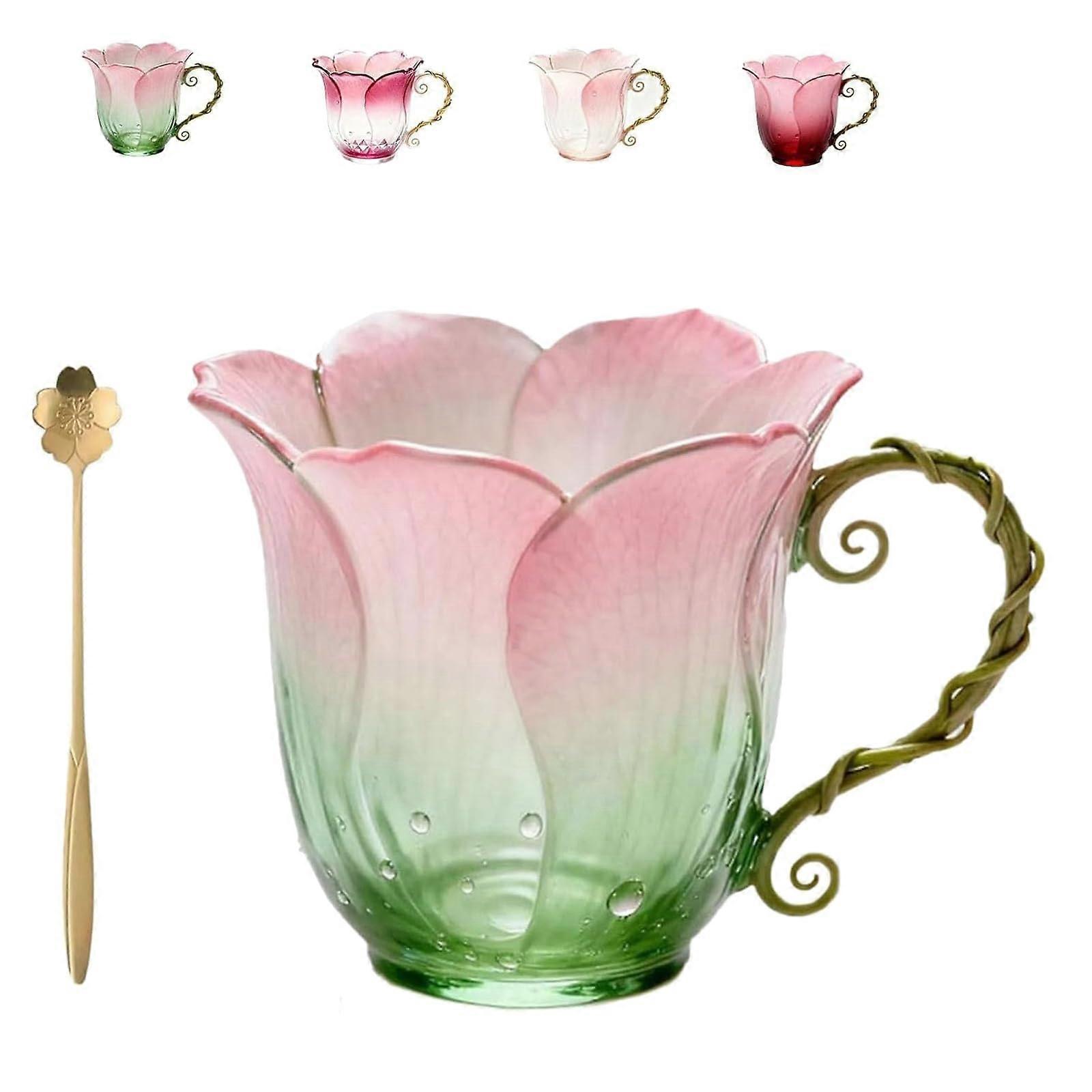 Handcrafted Glass Coffee Tea Cup with Elegant Petal Design and Vine Handle, Gradient Blush Mint