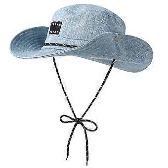 Denim Bucket Hat with Wide Brim Sun Protection, Adjustable Windproof Strap, Light Blue
