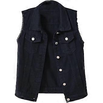 Womens Crop Denim Vest Jacket Sleeveless Button Down Ripped Casual Waistcoat Jacket - Z